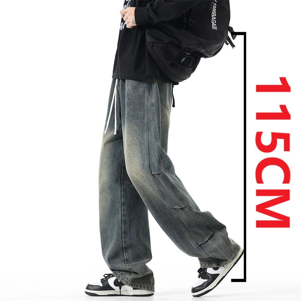 190cm Tall Straight-leg Pants Men's Extra-long Version Wide Legs Autumn Winter American Style Vintage Wash Water Tall Jeans