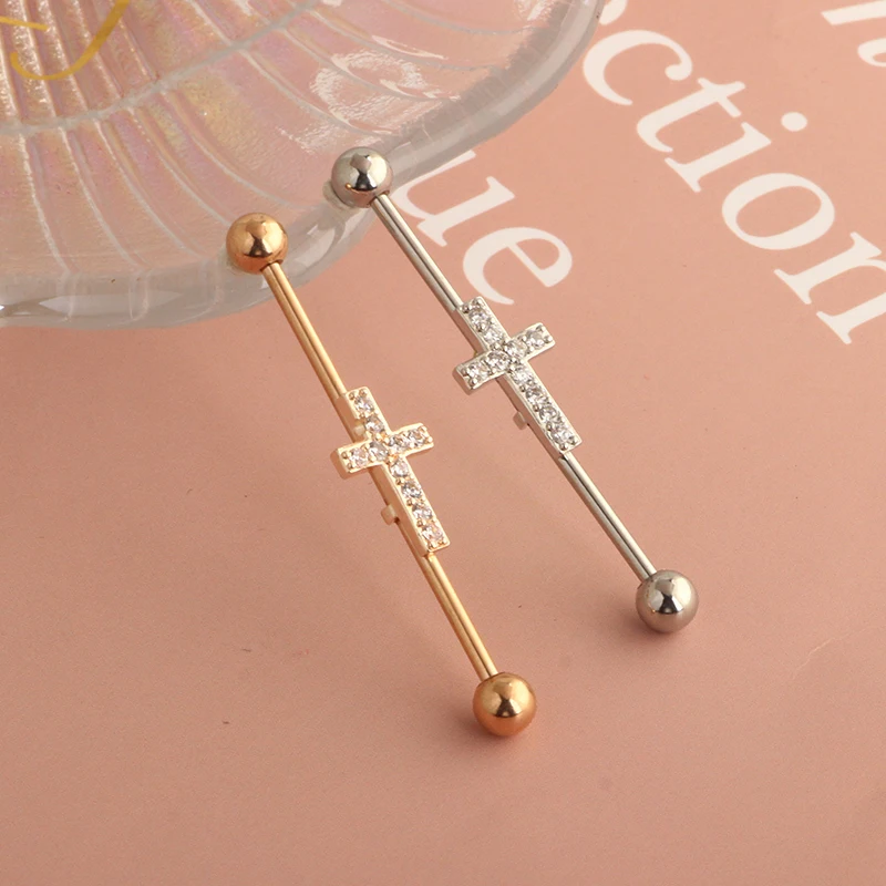 Long Industrial Barbell Rings Piercing Ear Stud CZ Zircon Cartilage Tragus Earrings 14 Barbell Jewelry tragus earrings
