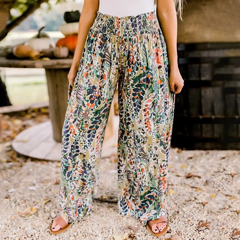 2024 NEW Women's Vacation Beach Floral Wide Leg Pants Printed Floor Mopping Pants Casual Loose Trousers Lady Homewear NASY0009