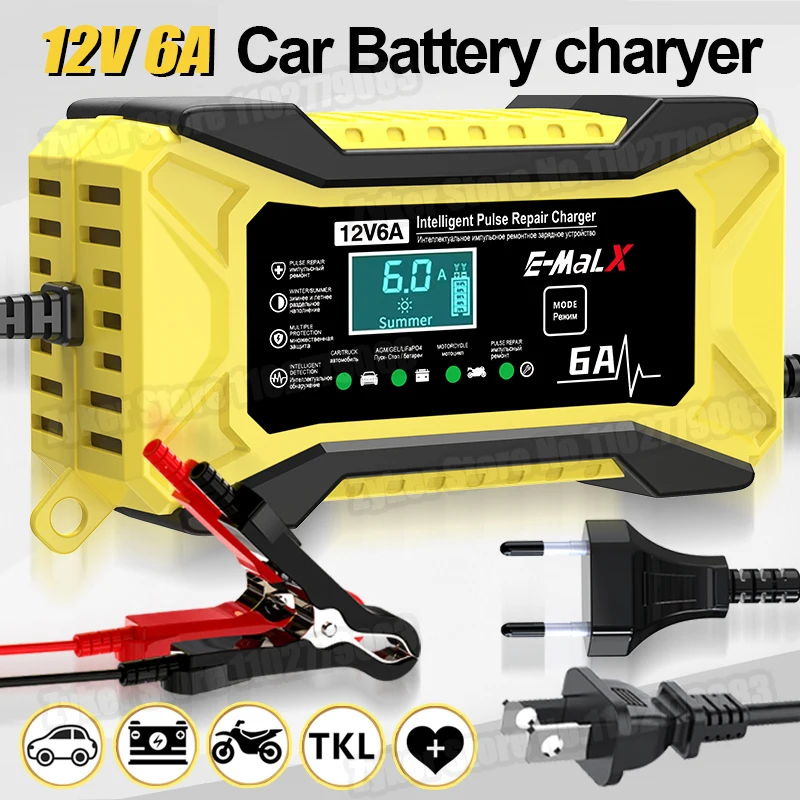12V 6A Car Battery Charger Smart Electric Motorcycles Charger For LiFePO4 Lead Acid AGM GEL EFB 14.6V 6A Lithium Battery Repair