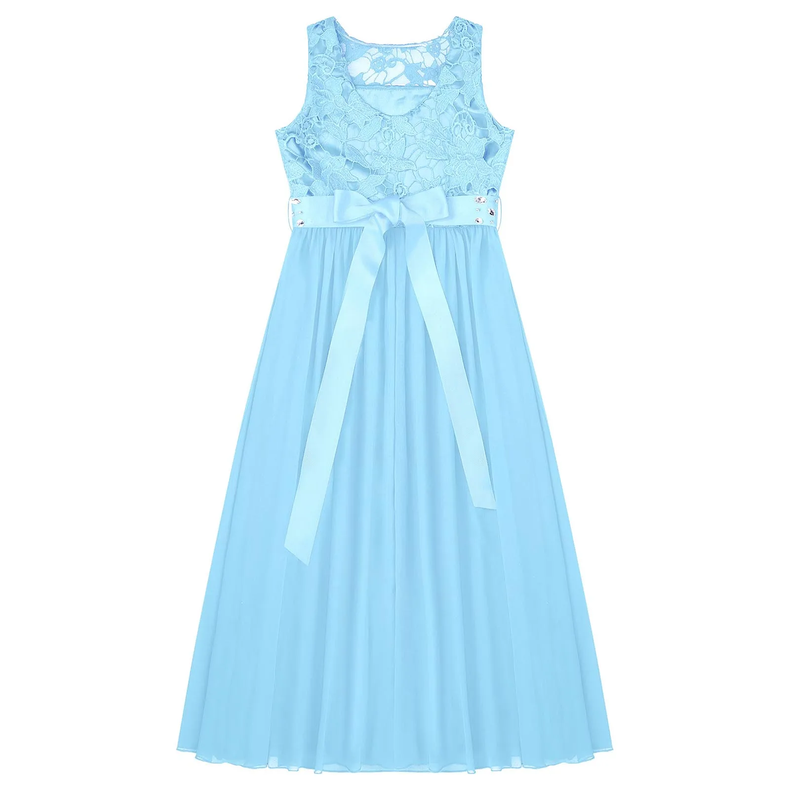 Kids Girls Hollow Out Lace Party Dress Sleeveless Elegant Chiffon Wedding Birthday Evening Princess Dresses with Beaded Sash