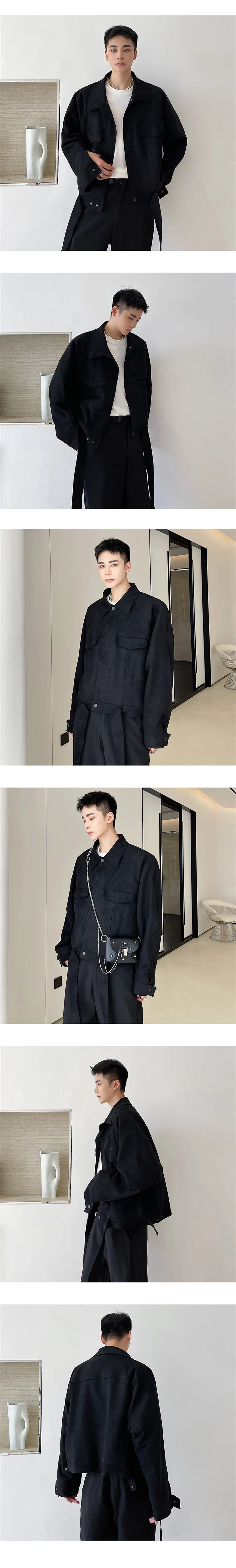 IEFB Korean Design Short Style Coat For Men Hem Ribbon Design Suede Black Grey Oversized Jjacket 2022 New Spring Winter 9Y9691 racer jacket