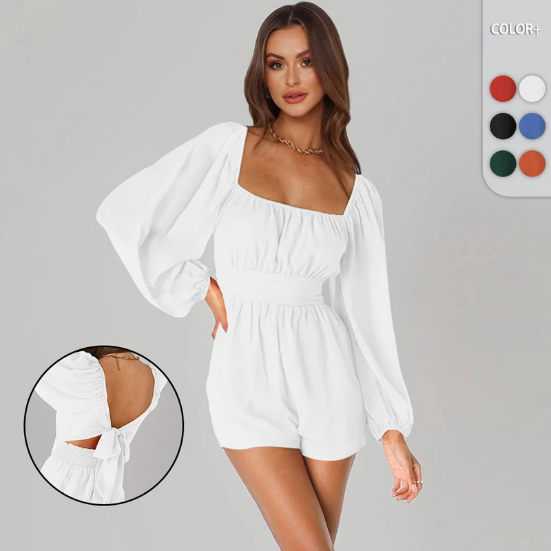 

Женский пляжный комбинезон с кружевными оборками, однотонный комбинезон с накидкой на шее и длинными рукавами-фонариками, платье макарон, лето 2023