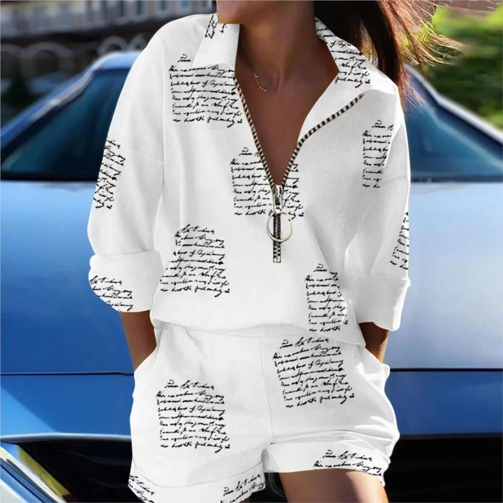 Casual Summer Two Piece Sets Women Outfits V Neck Chic Print Loose Long Sleeve Shirt High Waist Shorts Suit 2023 trajes de mujer