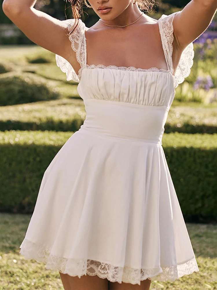 

Короткие платья, женское летнее мини-платье, сексуальное Белое платье на бретелях-спагетти, женское кружевное платье с открытой спиной, облегающее квадратное платье