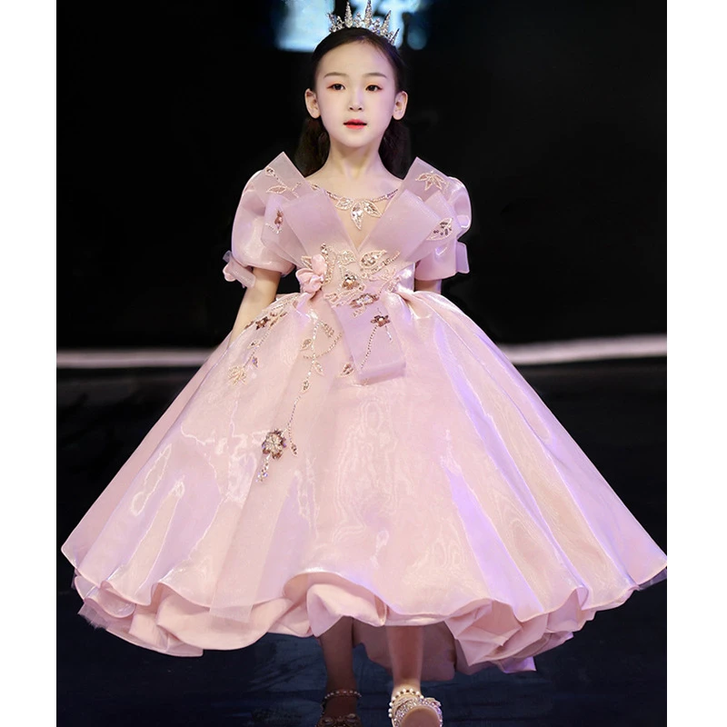 

Children's dress princess fluffy dress pink runway show flower girl piano performance dress stylish little girl hosting