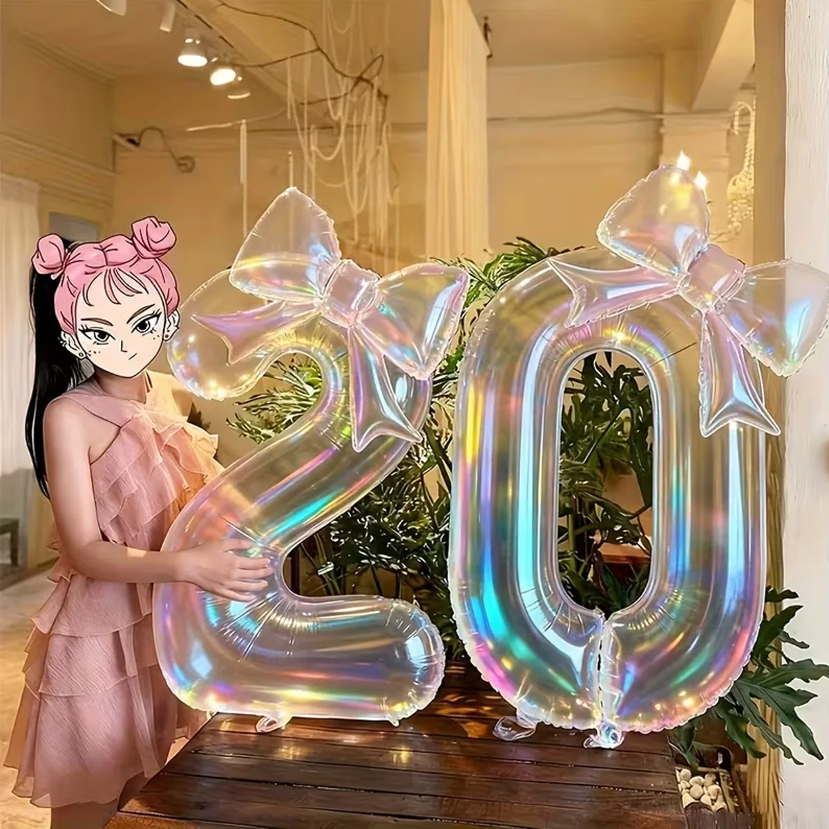 Set of 2 Colorful Transparent Digit Balloons with Bow