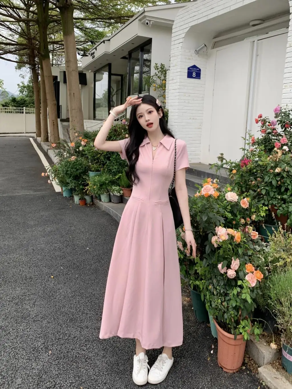 Summer New Casual Slim Solid Dresses for Women Sporty Turn-down Collor A-line Korean Chic Streetwear Simple Vestidos Mujer