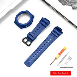Premium Resin Watch Strap and Bezel Kit with Tools - Sport Waterproof Rubber Watch Band Modifying Set - GA - 2100 (Dark blue - Black)