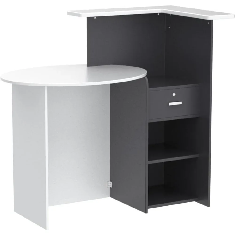 Reception Desk Front Counter Desk with Lockable Drawer & Open Shelves, Front Reception Counter with Elliptical Deskt