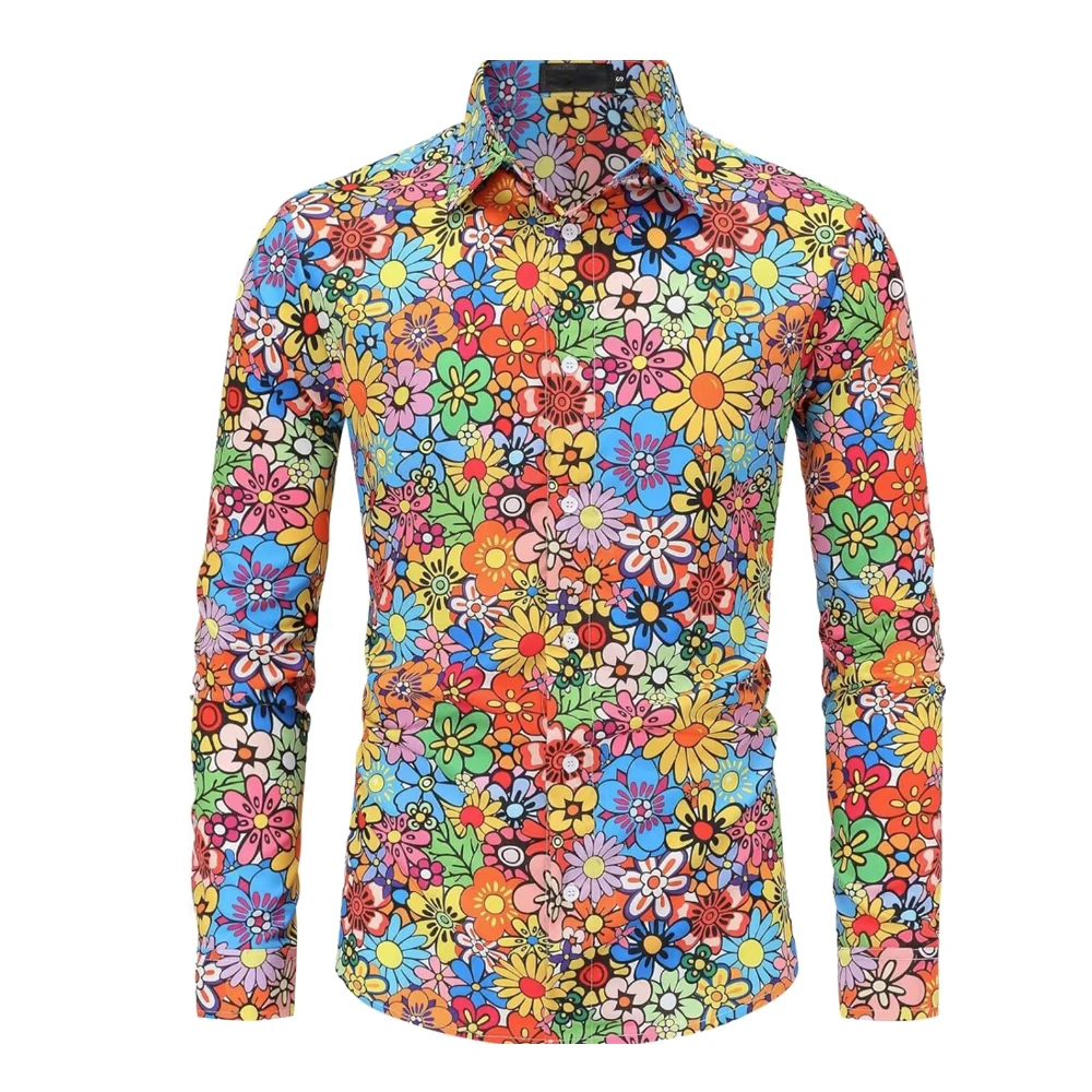 thumbnail image 2 of Camisa de manga larga con estampado para hombre, estilo étnico, disco, hip hop, informal, de los años 70, con botones, estilo social, con estampado floral de cachemira, estilo vintage, 2 of 5