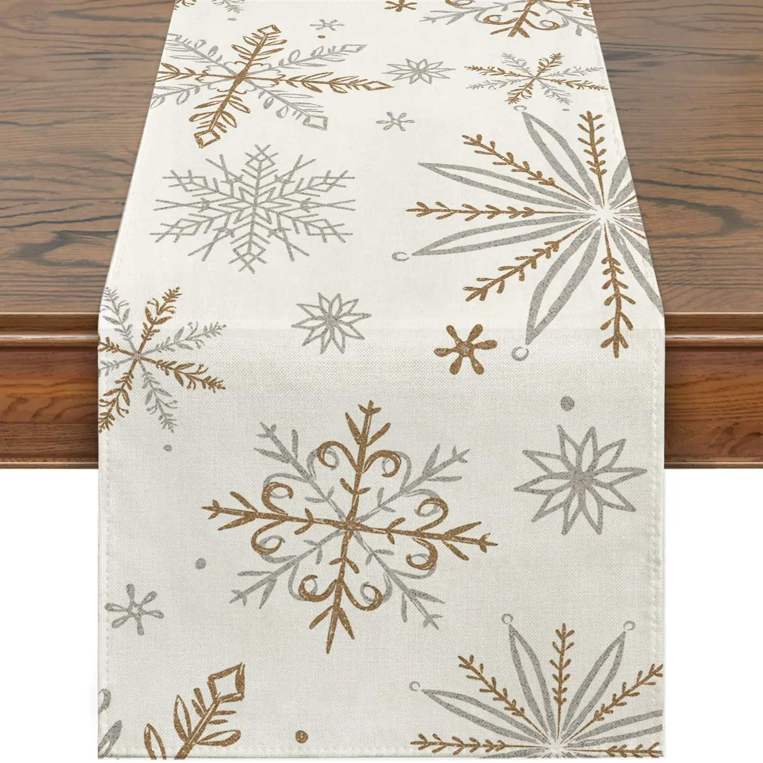 

Winter Table Runner,Snowflake Decor, White, Gold, Table for Table, Seasonal, Christmas, Holiday, Home Decor