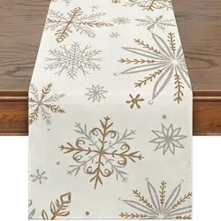 Winter Table Runner,Snowflake Decor, White, Gold, Table for Table, Seasonal, Christmas, Holiday, Home Decor