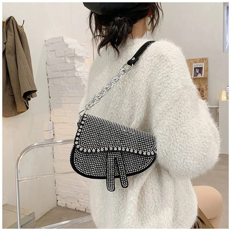 For Women Fashion Small Saddle Bags Bright Diamond Luxury Designer Crossbody Female Underarm Shoulder Bag Brand Design handbags