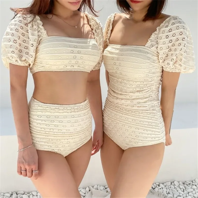 

Новинка 2021, облегающий женский купальник с пышными рукавами и высокой талией в Корейском стиле, простой облегающий Купальник для женщин в стиле Instagram