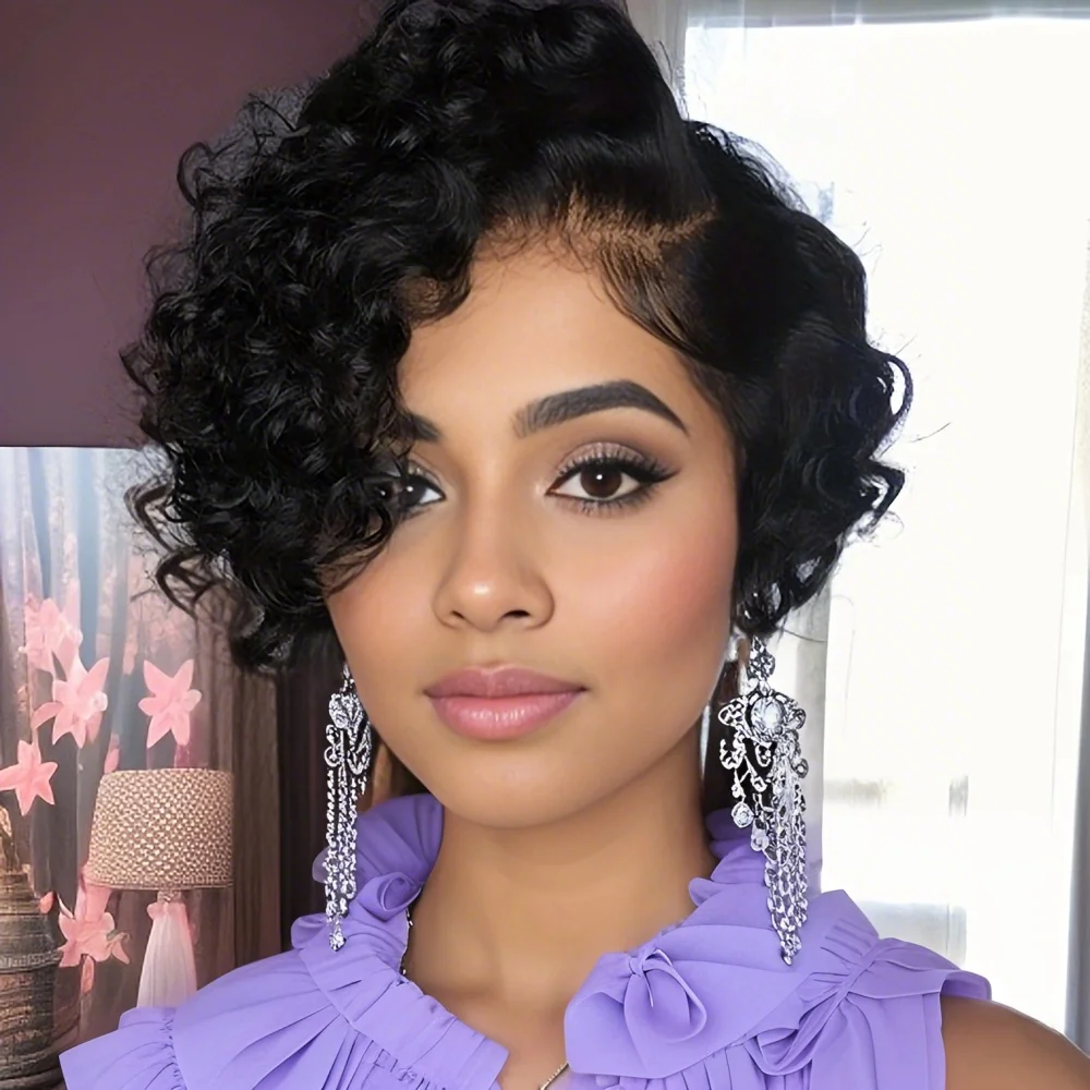 Short Pixie Cut Deep Curly Bob 13x4X1 T Part Lace Front Human Hair Wigs For Women Brazilian Remy Hair Wigs 2