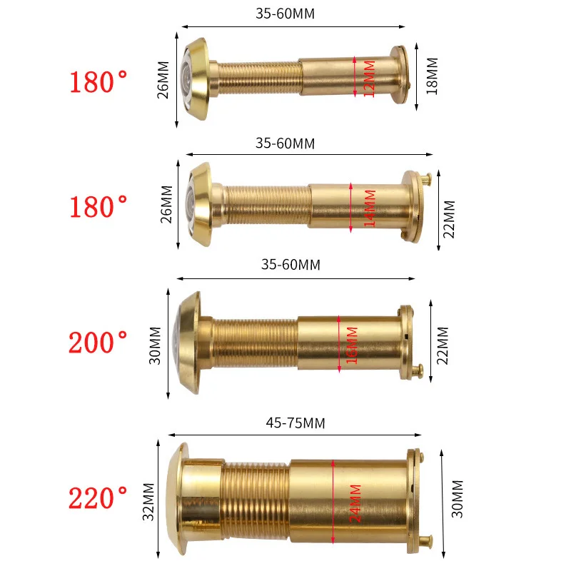 180°/200°/220°Brass Door Peephole Viewers for Home Security 14-24mm Diameter 35-80mm Thickness Gate Hardware