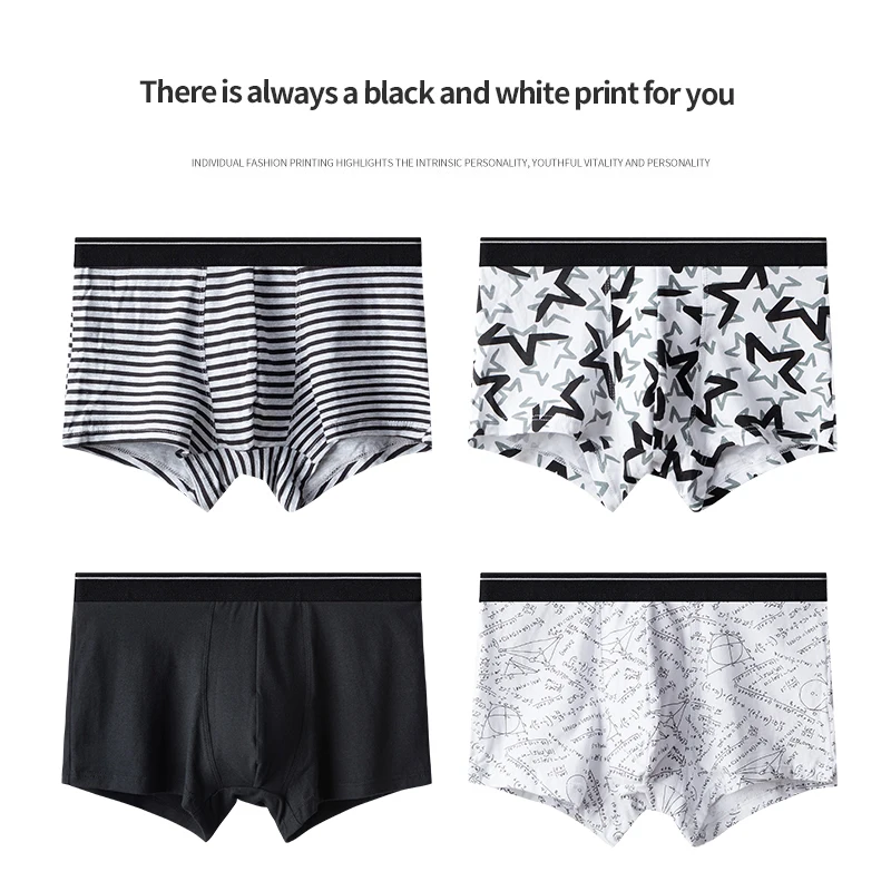 Nanjiren 4 pcs Men Underwear Pure Cotton Durable Boxer Simple Fashion Print Underpants Lightweight Breathable Soft Male Panties