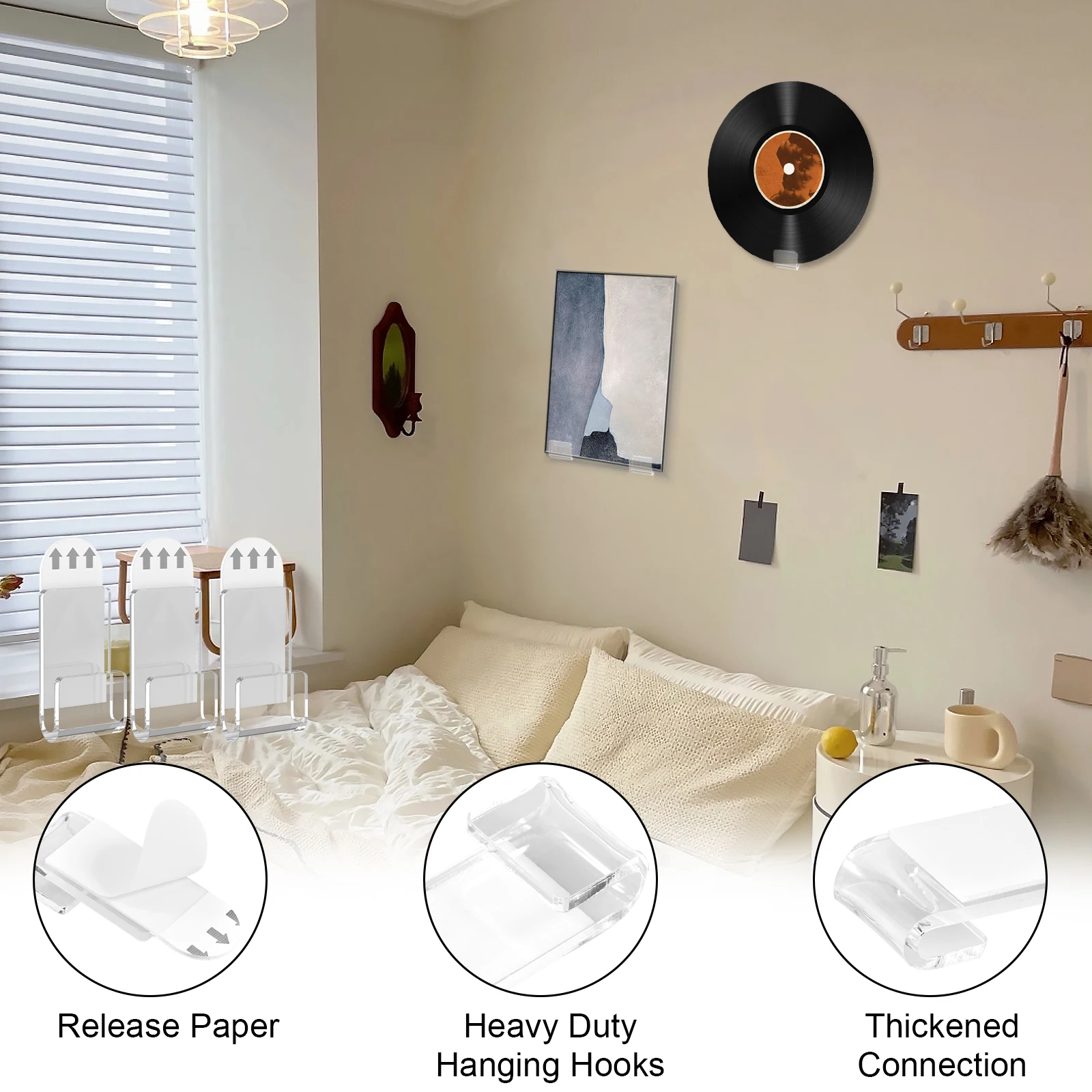 36/72 Pcs Record Display Stand Wall Mount with Acrylic Vinyl Record Display Shelf Adhesive Clear Record Holder for LP Albums CD 4