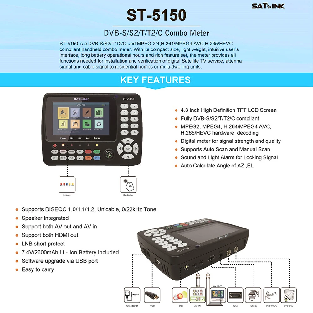Original SATLINK ST-5150 DVB-S2/T2/C COMBO HD Satellite Finder Meter HEVC MPEG-4 Supports H265 (8bit) QPSK 8PSK 16APSK 4.3 Inch satellite signal finder
