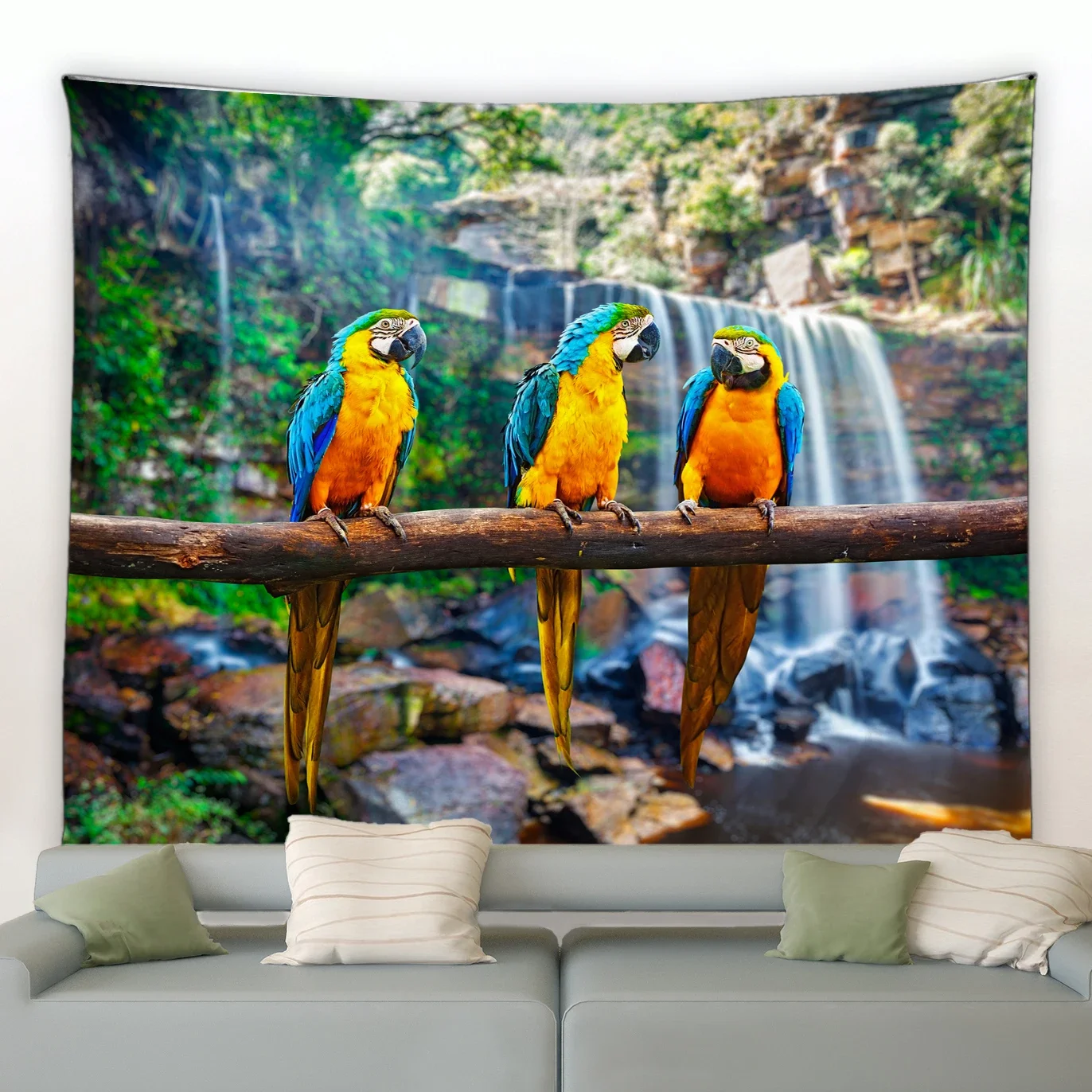 Papegaaienpatroon Kleurrijke Vogel Oceaan Strand Zee Palmboom Waterval Woonkamer Woonkamer Achtergrond Interieur Wandtapijt