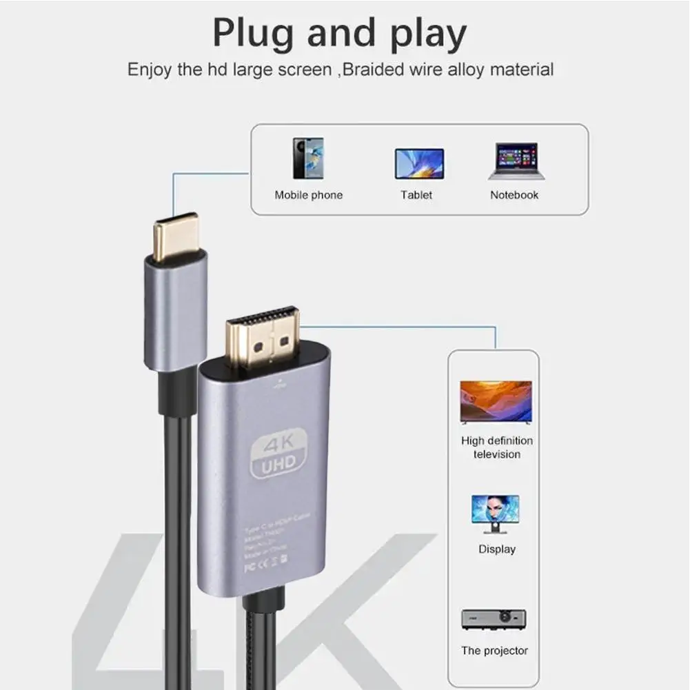 C 타입에서 HDMI 호환 비디오 어댑터, 고화질 스크린 프로젝션 어댑터 케이블, 노트북 휴대폰과 동일한 스크린 케이블, 4K 60Hz