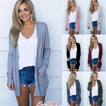 New Women Fashion Solid Long Sleeve Solid Casual Autumn Winter Medium Long Pocket Cardigan S-5Xl Multicolor Large 1