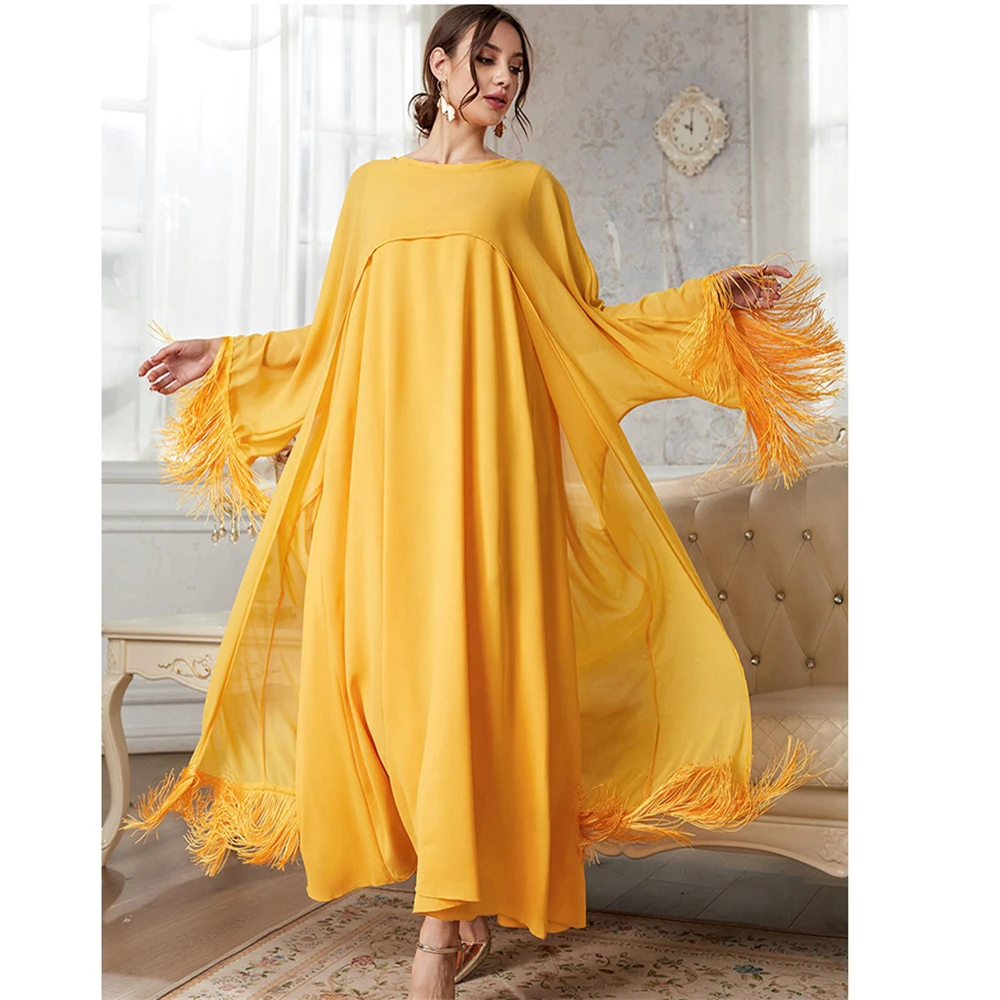 

Eid Party Abaya Tassel Muslim Women Smocked Long Maxi Dress Turkey Loose Kaftan Arab Robe Dubai Islamic Morocco Jalabiya Vestido