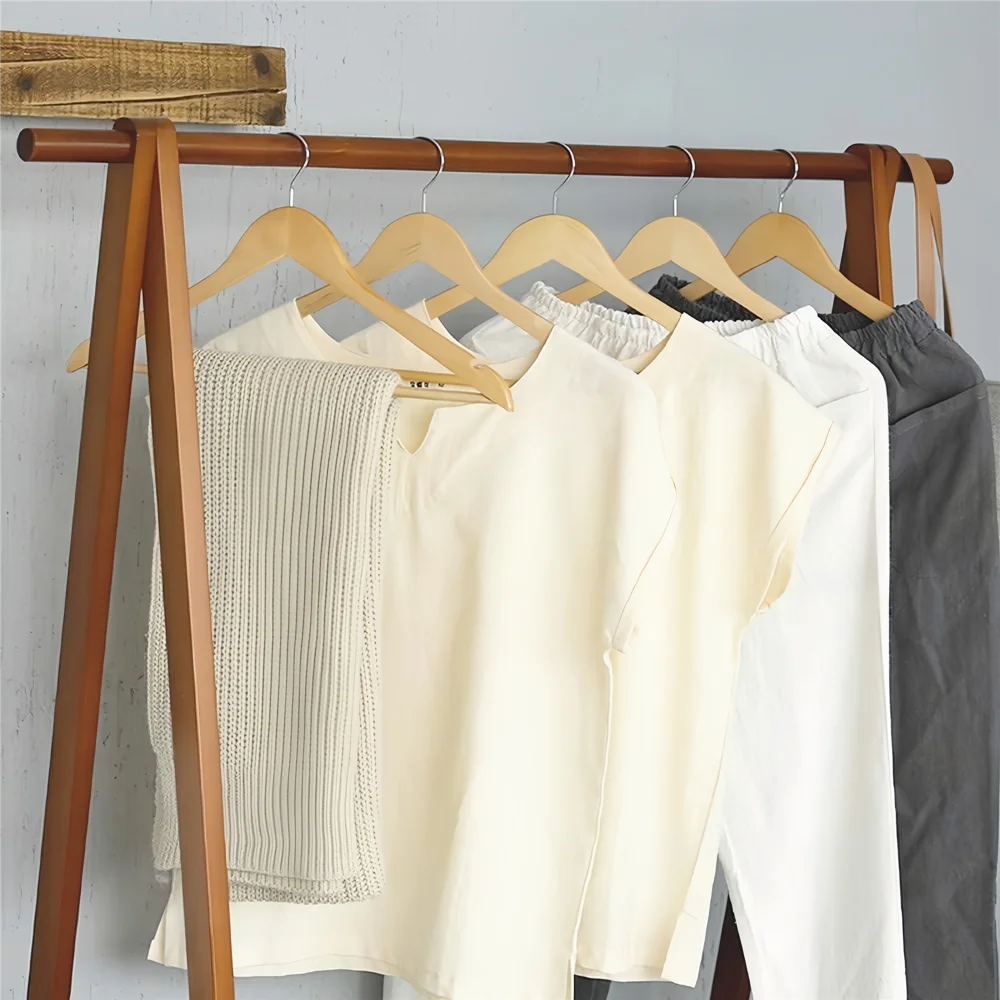 Wood Coat Hangers Smooth Finish Non Slip Pants Bar Rotatable Hook Clothes Jackets Closet Organizers 5Pcs