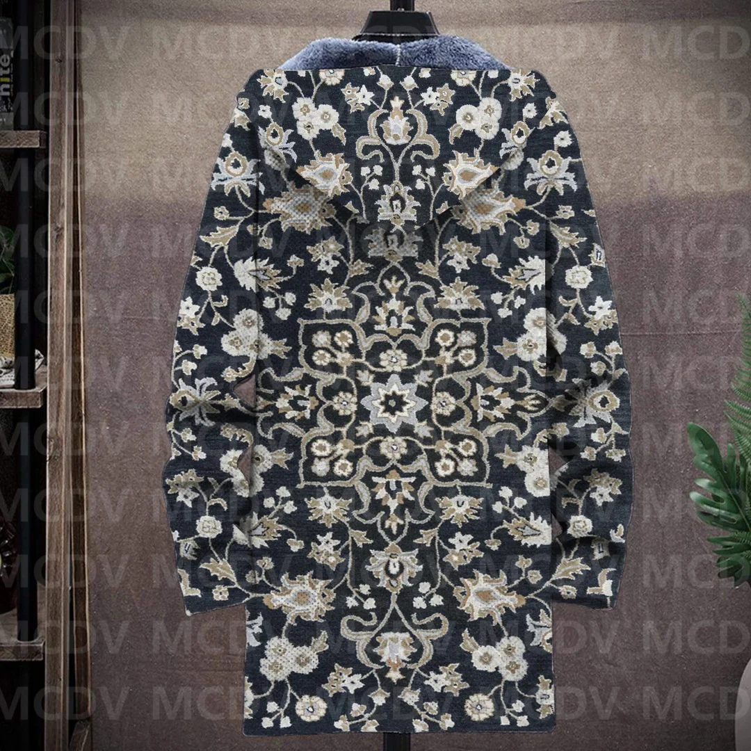 Men's Retro Flower Print Plush Thick Long-Sleeved Coat Fleece Hooded Overcoat Unisex Thick Warm Jacket