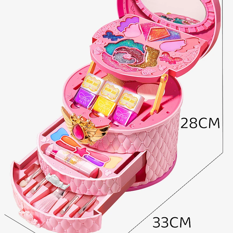 Girls Makeup Set Three Layer Cosmetic Toy Box Kids Play Makeup Brushes Lipstick Blush Eyeshadow Nail Polish Princess Beauty Toy