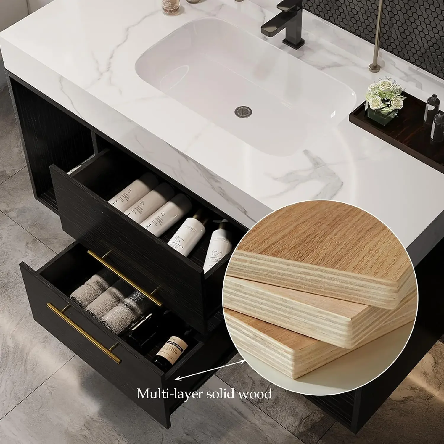 40 Inch Modern Wall Mounted Bathroom Vanity with Ceramic Sink. Quick Assembly Solid Wood Floating Bathroom Vanity Cabinet 4