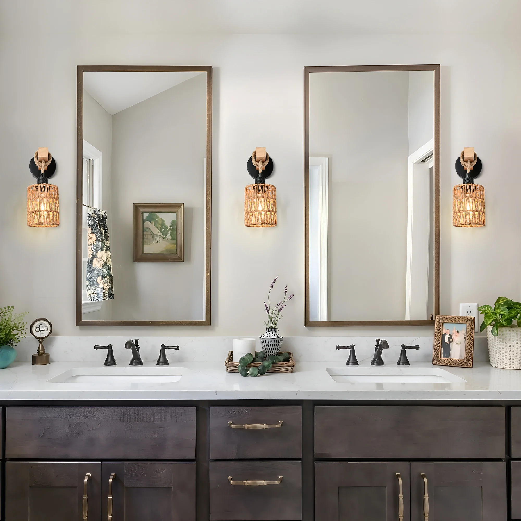 Easy Install Rattan Wall Sconces Wall Lights with Dimmable Boho Wall Mount Light Fixtures Wicker Wall lamp for Bedroom Nursery