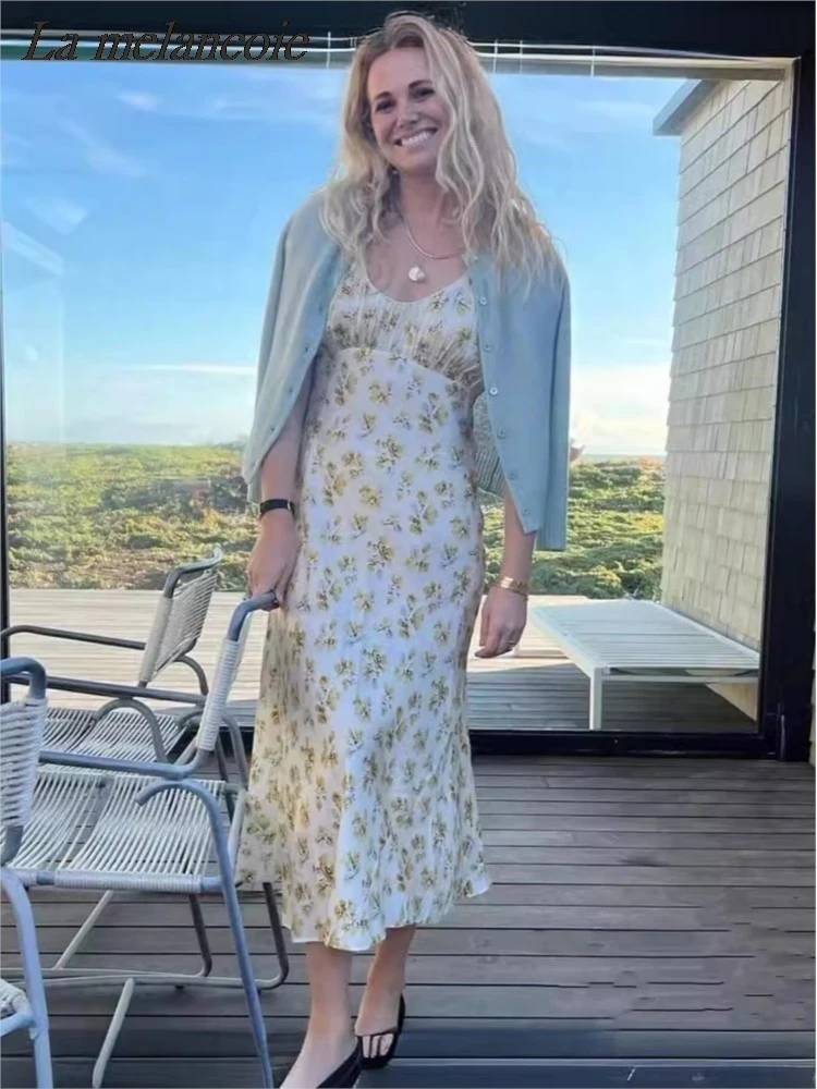 

Женское платье с цветочным принтом, Элегантное Длинное платье средней длины во французском стиле с круглым вырезом и коротким рукавом, с высокой талией, лето 2024