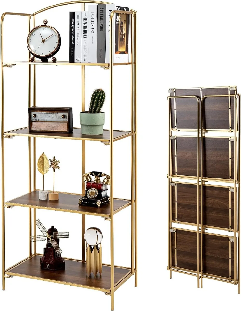 

Crofy No Assembly Folding Bookshelf, 4 Tier Gold Bookshelf, Metal Book Shelf for Storage, Folding Bookcase for Office