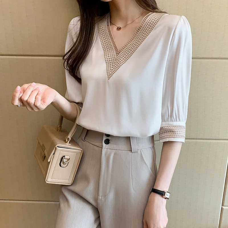 White Lace V Neck Chiffon Blouse for Women