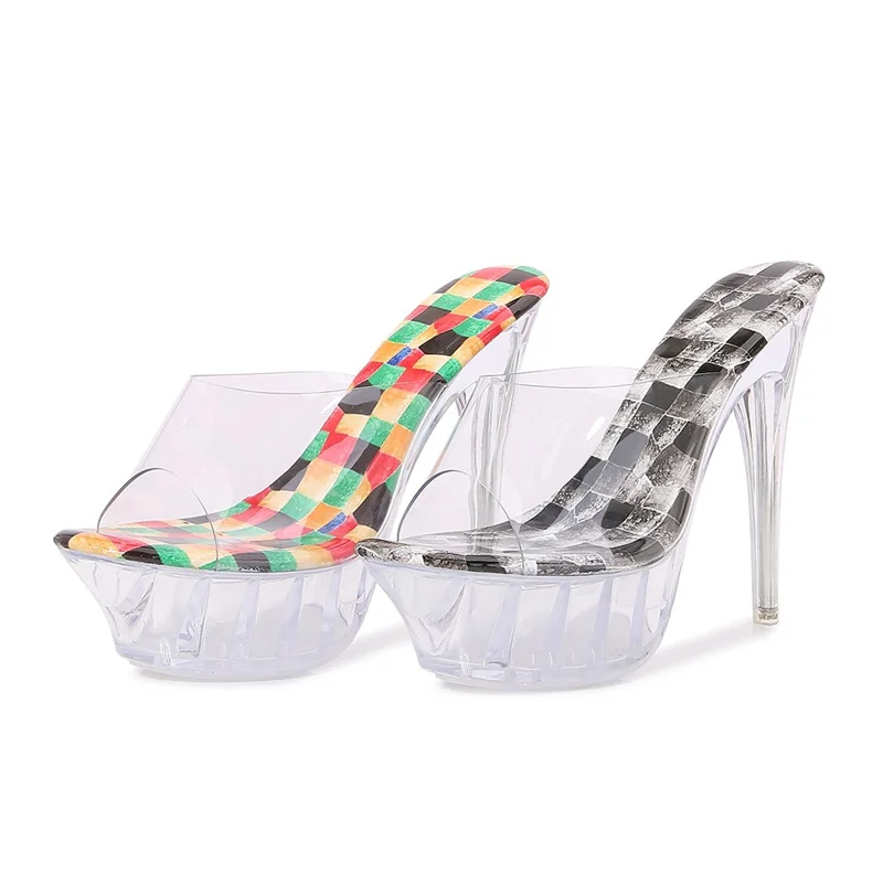

Sexy Lady 14cm High Heels 4cm Transparent Platform Pumps Thin Clear Heels Beach Party Slippers Big Size Colorful Checkered Shoes
