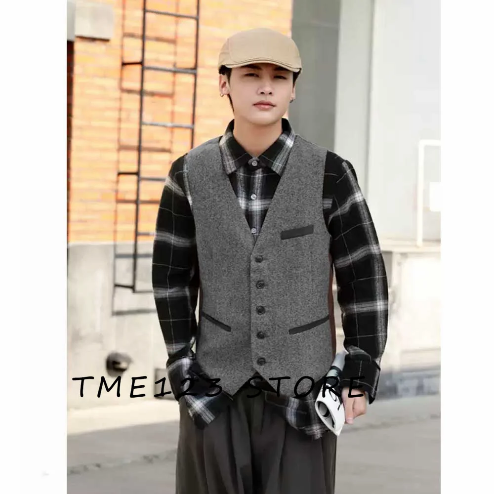 

Men's Woolen Solid Color Casual Business Vest Suit Male Steampunk Vests for Women Formal Man Ambo Wang Gothic Chaleco Waistcoat