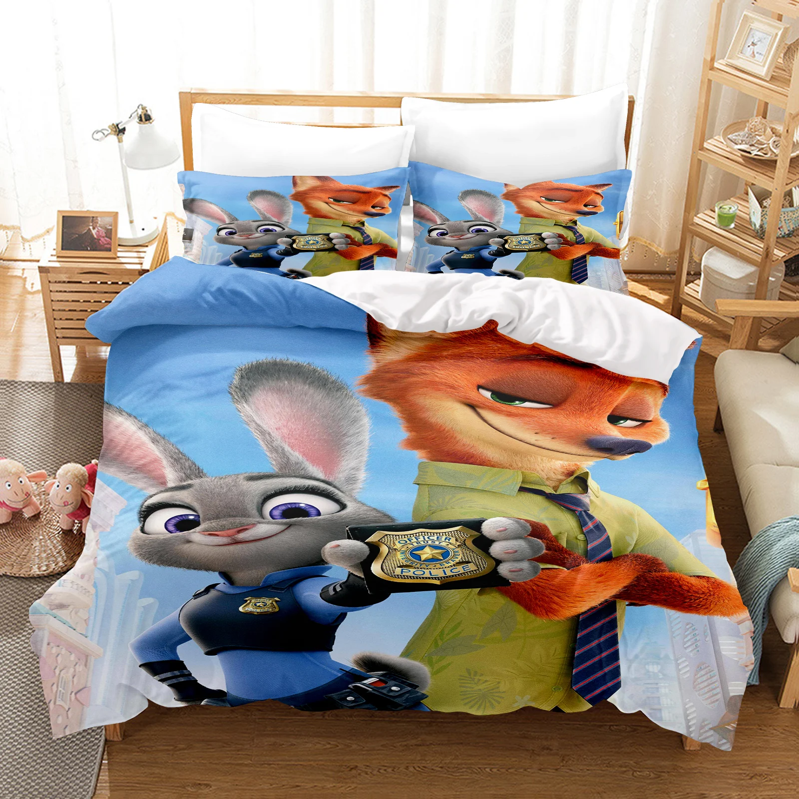 Zootopia Judy Nick Anime, maison chambre Comforte matériau polyester nordique, adapté aux enfants et aux adultes, ensemble de 3 pièces