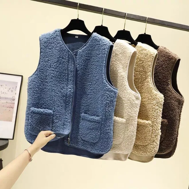 

New Lady Zipper Fur Furry Plush Vest Women Sleeveless Down Coat Tops Casual Short Outwear Waistcoat Parkas Jacket Coats Cloth