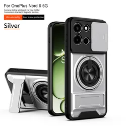 OnePlus Nord 6 5G Protective Ring Stand Case with Magnetic Wireless Charging and Slide Lens Cover for OnePlus Nord 6 (Silver)