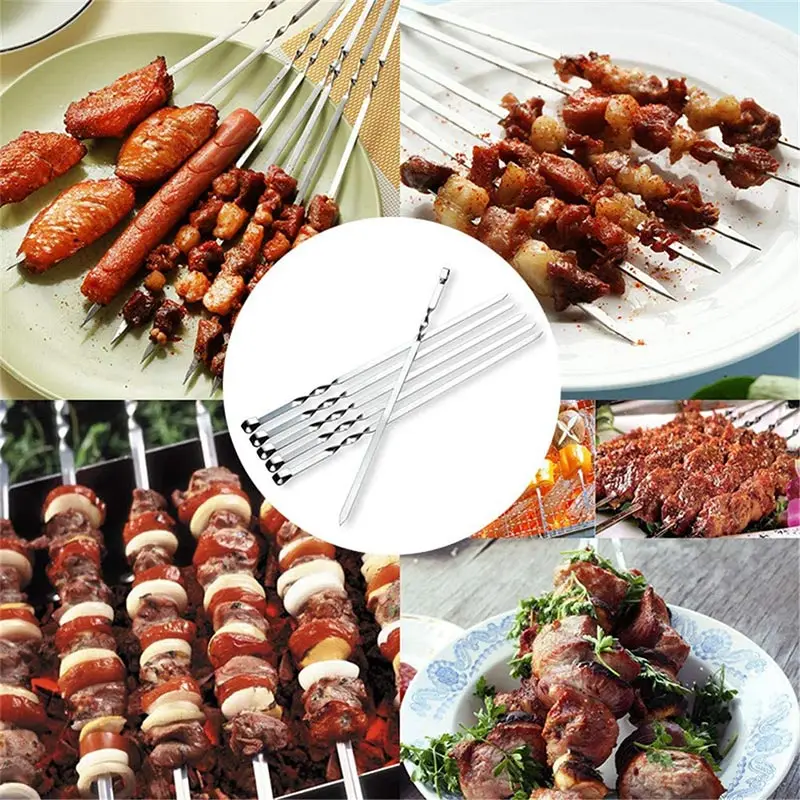 Stainless Steel Barbecue Skewers Stick Set, Reusable Kebab Sticks, Flat Metal, BBQ Tool, Meat, Shrimp, Chicken, 10 Pcs 6
