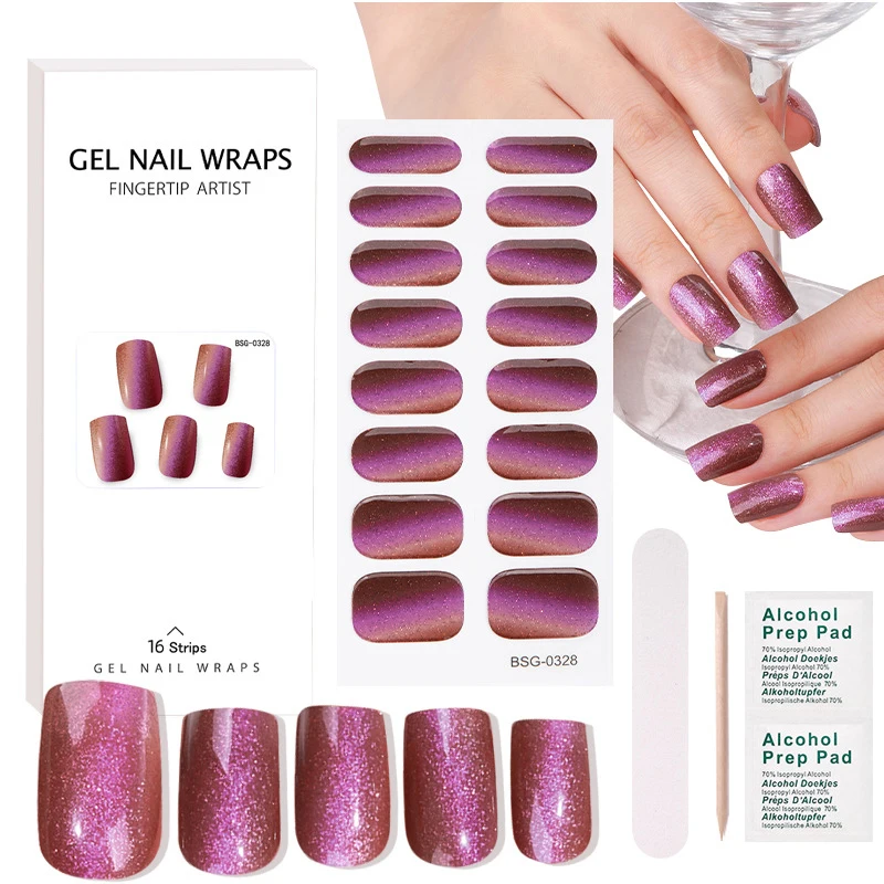 Semi-cured Gel Nail Sticker Full Cover Nail Decals Polish Gel Gradient Cat Eye Art Sticker Manicure UV Lamp Need
