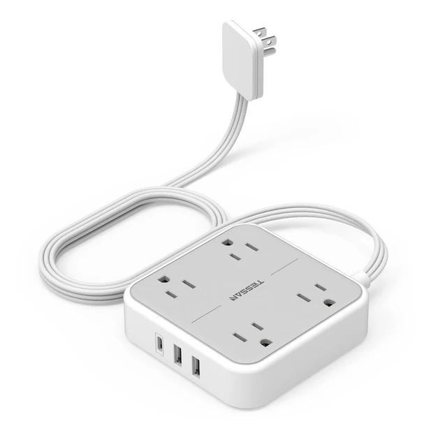 TESSAN Ultra Thin Extension Cord with 3 USB Wall Charger (1 USB C)