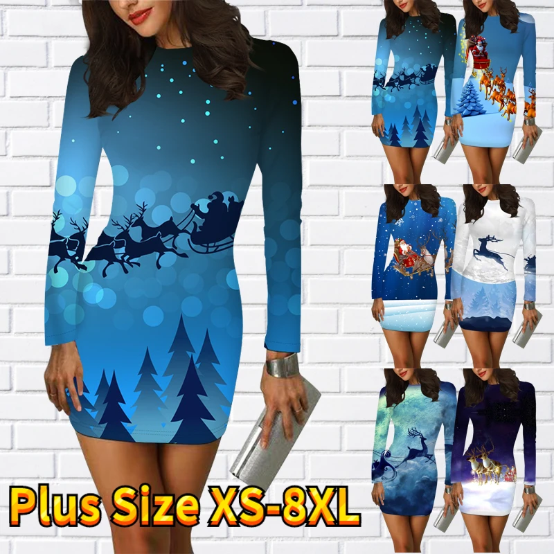 

Crew Neck MIDI Skirt Fall Winter Women Elegant Sheath Dress 3D Printed Dress Fashion Long Sleeve Skirt Sexy Party Skirt