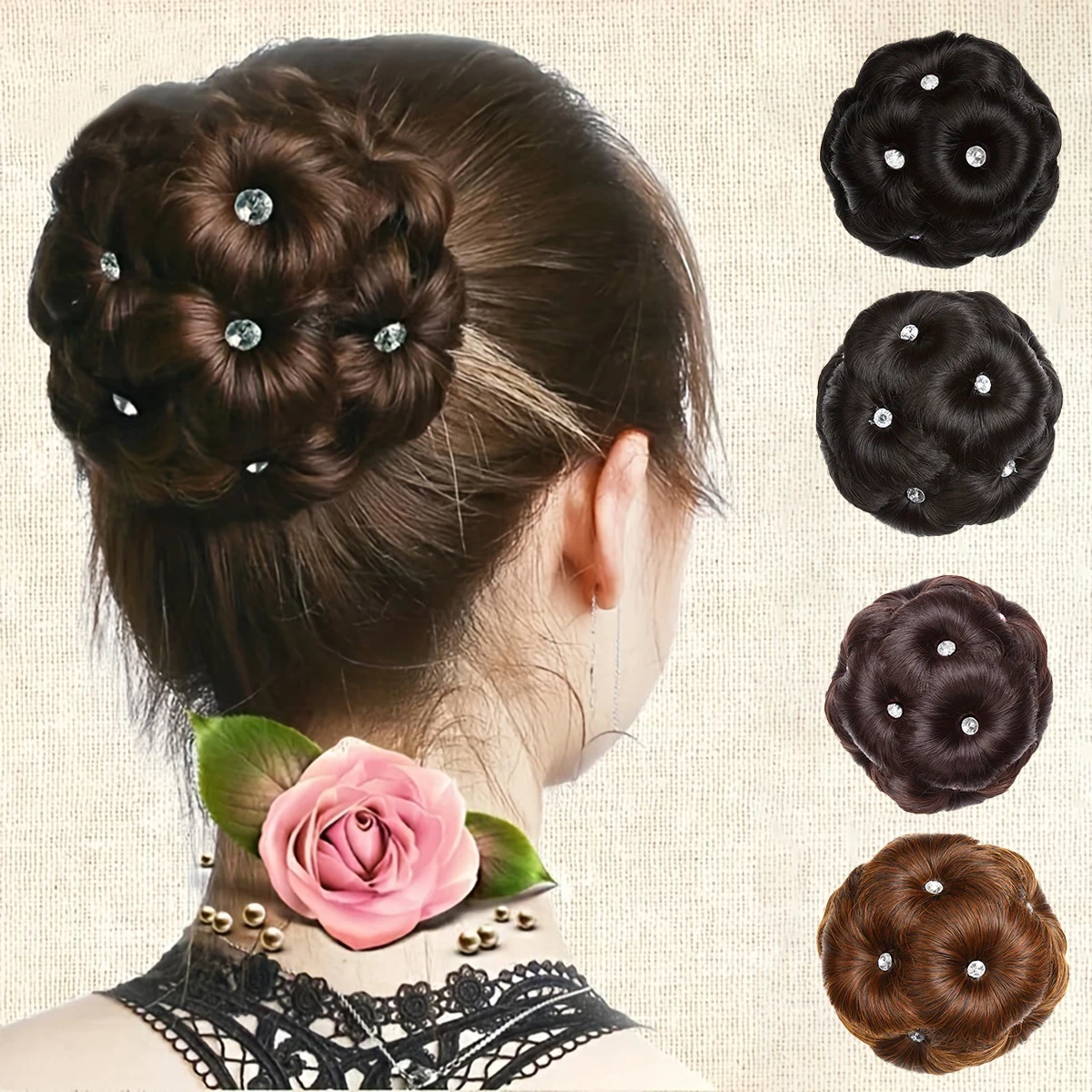 DUTRIEUX Synthetic Nine-flower Bun With Diamonds To Decorate Woman's Head Clip Hair Daily Wear Heat-resistant Chignon Wig