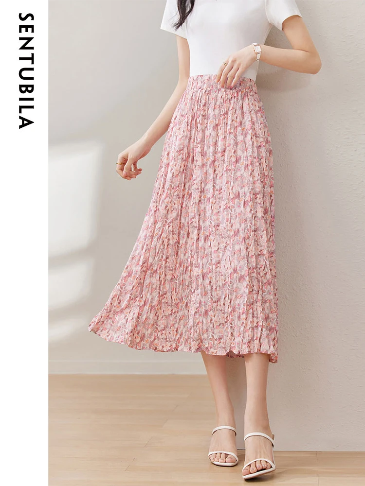 SENTUBILA Women's Boho A-Line Skirt 2023 Summer Elegant Floral Print High Waist Pleated Female Beach Mid Length Skirts 132Q49816