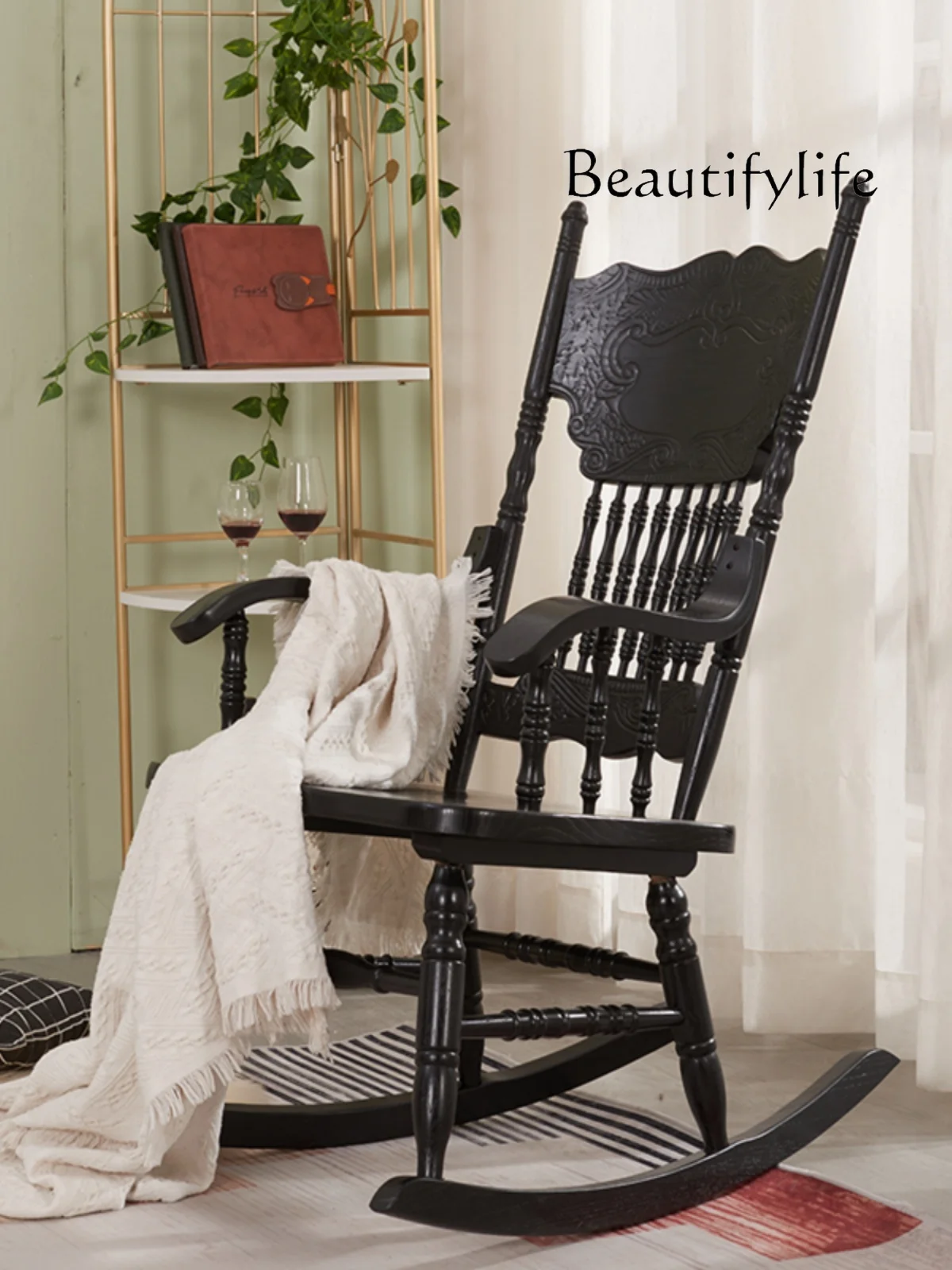 

American style antique style solid wood rocking chair balcony leisure lounge chair