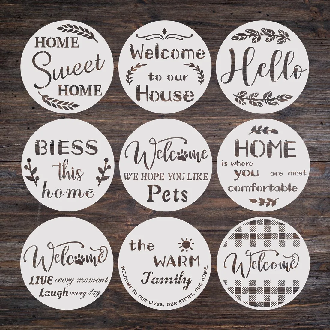 9Pcs/Lot 30cm Round Welcome Words DIY Layering Stencils Wall Painting Scrapbook Coloring Embossing Album Decorative Template