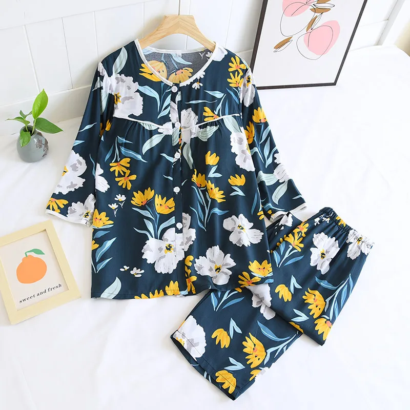 

Viscose Women Pajamas Casual Round Neck Pajama Set Three Quarter Sleeve Sleepwear Printed Summer Pyjama Female Plus Homewear